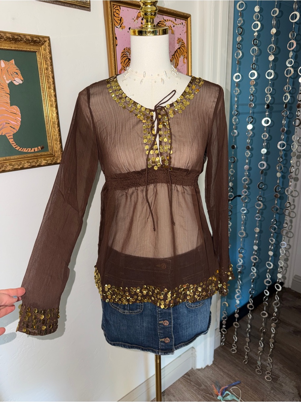 Vintage Y2K Silk Brown Sheer Embellished Peasant Blouse